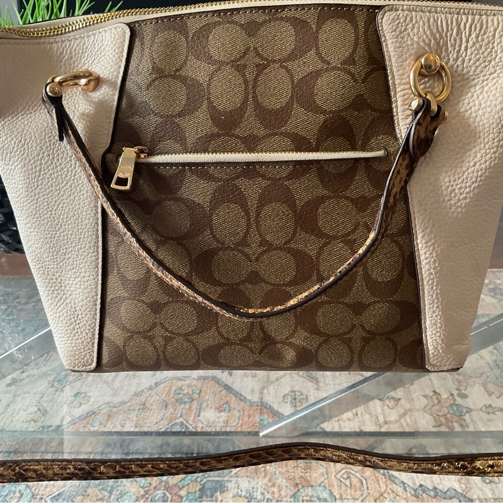 Coach Beige Signature Tote w/ Leather Trim & 40” Removable Strap - Picture 7 of 11